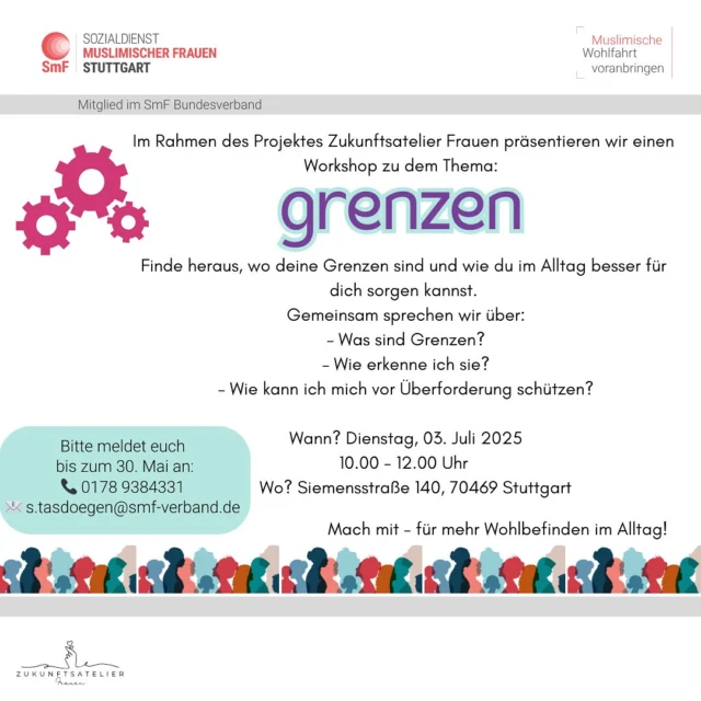 Workshop "Grenzen" – Finde heraus, wo deine sind!
Im Rahmen des Projekts Zukunftsateliers Frauen geht’s in diesem Workshop um dich: Deine Grenzen, dein Wohlbefinden, dein Alltag. Gemeinsam schauen wir, wie du Überforderung erkennst – und was du aktiv dagegen tun kannst.
Jetzt anmelden bis 30. Mai bei S. Taşdöğen📞📩