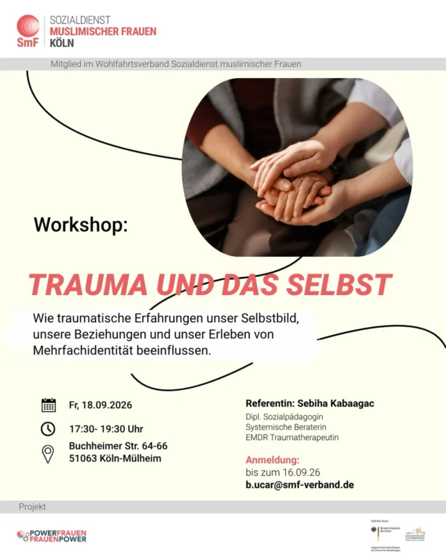 Manche Erfahrungen hinterlassen Spuren, die unser Selbstbild, unsere Beziehungen und unser Erleben von Identität beeinflussen.

In unserem Workshop „Trauma und das Selbst“ beschäftigen wir uns damit, was Trauma ist, wie unser Nervensystem auf belastende Erfahrungen reagiert und warum manche Erlebnisse noch lange nachwirken können. Dabei werfen wir auch einen Blick darauf, wie traumatische Erfahrungen das Erleben von Mehrfachidentität und Zugehörigkeit beeinflussen können. Gemeinsam möchten wir Zusammenhänge besser verstehen, eigene Ressourcen stärken und neue Perspektiven für einen achtsamen Umgang mit sich selbst entwickeln.

Der Workshop bietet einen geschützten Raum für Wissen, Reflexion und Austausch. Es findet keine Traumatherapie statt und niemand muss persönliche Erfahrungen teilen.

Datum: Freitag, 18.09.2026
Uhrzeit: 17:30 bis 19:30 Uhr
Ort: Buchheimer Str. 64–66, 51063 Köln Mülheim

Referentin: Sebiha Kabaagac
Diplom Sozialpädagogin, Systemische Beraterin sowie EMDR Traumatherapeutin

Anmeldung bis zum 16.09.2026 unter:
b.ucar@smf-verband.de

Wir freuen uns auf einen informativen und stärkenden Workshop mit euch.

Das Projekt wird durch das Bundesministerium des Innern gefördert.

#Frauenpower #Trauma #Mehrfachidentität #Empowerment #Selbstwirksamkeit Workshop Köln
