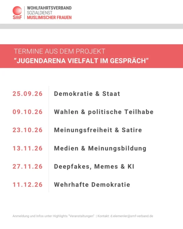 Demokratie. Recht. Politik.

Politik betrifft uns alle. Trotzdem ist es oft gar nicht so leicht, den Überblick zu behalten.

Du möchtest mitreden und etwas bewegen? Die vielen Diskussionen in Politik, Medien und Social Media werfen bei dir eher Fragen als Antworten auf?

Dann bist du bei unserer Workshopreihe genau richtig. 💡

Gemeinsam sprechen wir über Demokratie, Meinungsfreiheit, Medien, Wahlen und politische Beteiligung. In insgesamt 6 Workshops bekommst du die Möglichkeit, dich auszutauschen, Fragen zu stellen und neue Perspektiven kennenzulernen.

📲 Die Termine und Anmeldelinks findest du in den Highlights unter „Veranstaltungen“.

Mach mit. Deine Meinung zählt. ✨

Die Workshopreihe findet im Rahmen des Projektes „Jugendarena – Vielfalt im Gespräch“ statt, das vom @smf-Verband an acht Standorten bundesweit durchgeführt wird und von der @integrationsbeauftragte gefördert wird.

#DemokratieRechtPolitik #Jugendliche #Mitreden #PolitischeTeilhabe #DemokratieLeben Engagement