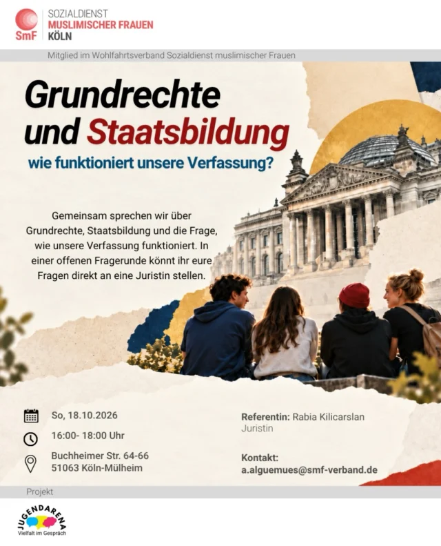 Am Sonntag, den 19.10., von 16:00 bis 18:00 Uhr findet unser nächster Workshop statt:

„Grundrechte und Staatsbildung – wie funktioniert unsere Verfassung?“ 🇩🇪⚖️

Gemeinsam mit der Juristin Rabia Kilicarslan sprechen wir darüber, welche Grundrechte wir haben, wie unser Staat aufgebaut ist und wie unsere Verfassung eigentlich funktioniert. Das Ganze soll keine klassische Vorlesung werden, sondern eine offene Fragerunde, bei der ihr eure eigenen Fragen stellen und gemeinsam diskutieren könnt. 💬

📅 Sonntag, 18.10.2026
⏰ 16:00–18:00 Uhr
📍 Buchheimer Str. 64–66, 51063 Köln-Mülheim

Ich würde mich sehr freuen, wenn wieder viele von euch dabei sind! 😊 Bringt gerne auch Fragen mit, die euch rund um Grundrechte, Gesetze, Staat oder Verfassung interessieren.

#gesetze #demokratie #jura  #jugendförderung  #grundrechte